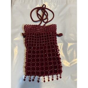 Drawstring Shoulder Strap Red Velvet Beaded Handbag Purse Beaded Fringe 10"x6"